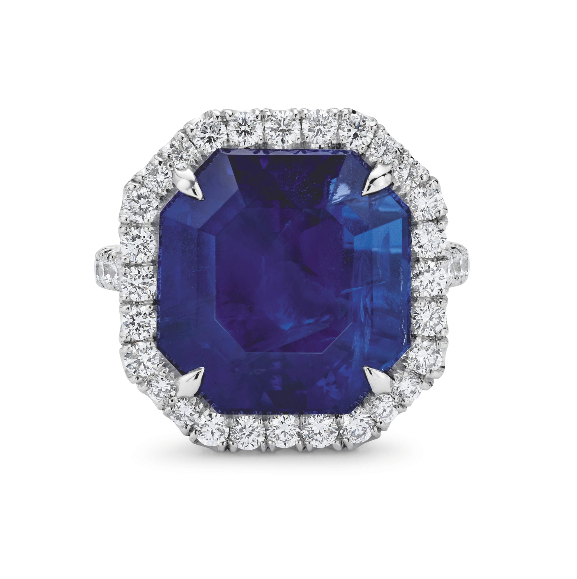 Platinum Ceylon Sapphire and Diamond Halo Ring