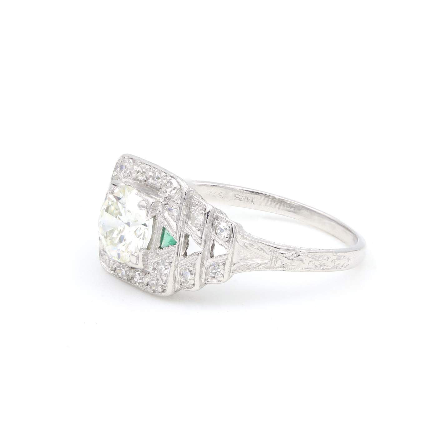 Vintage Platinum Diamond and Emerald Ring