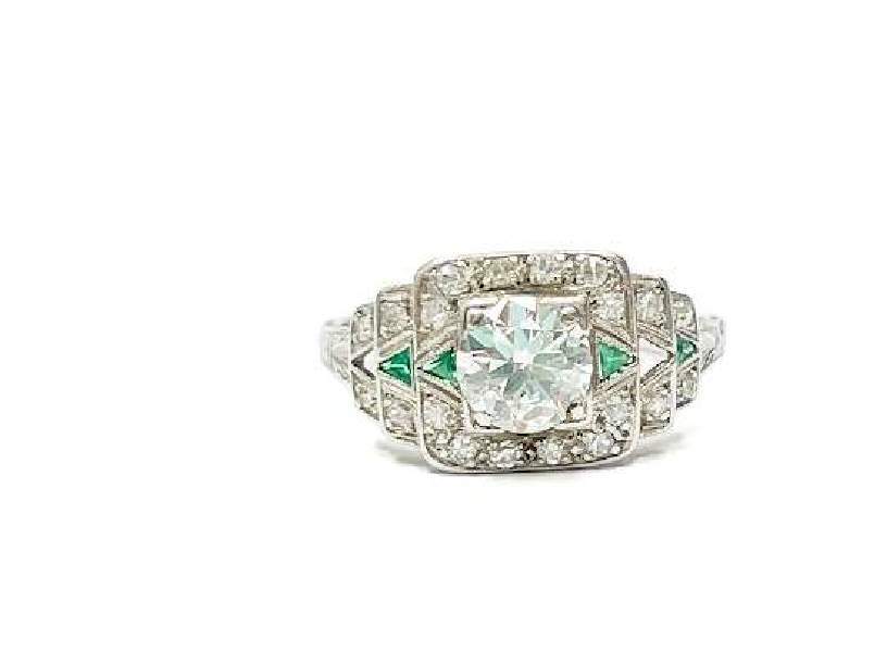 Vintage Platinum Diamond and Emerald Ring
