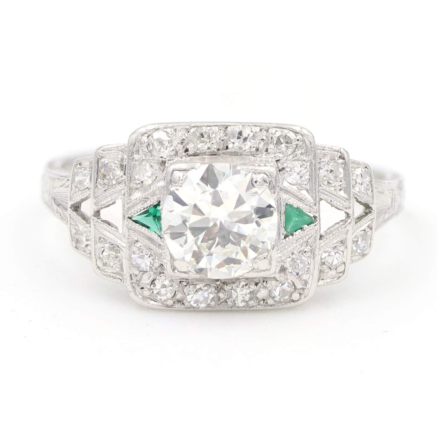 Vintage Platinum Diamond and Emerald Ring