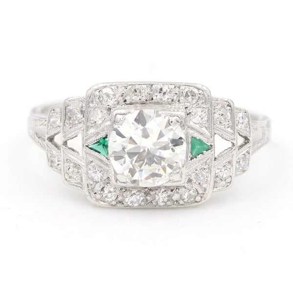 Vintage Platinum Diamond and Emerald Ring