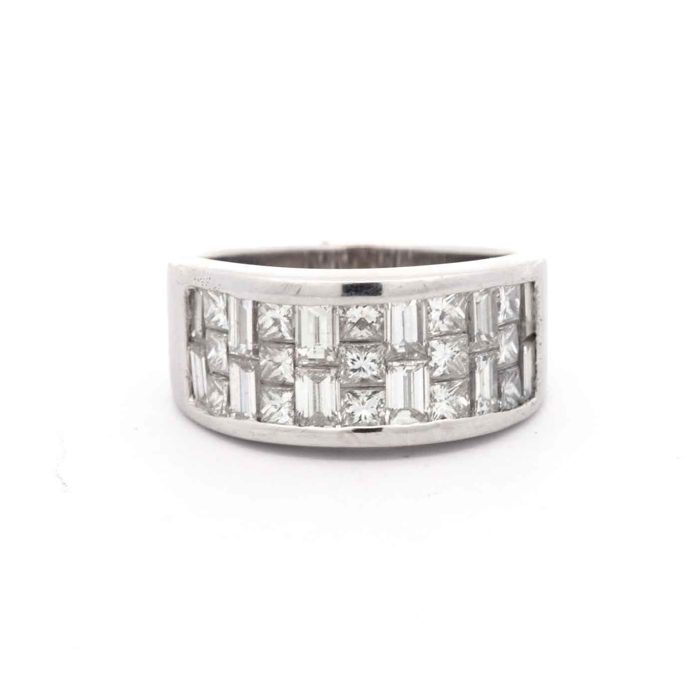 18K White Gold Channel Set Princess and Baguette Diamond Band