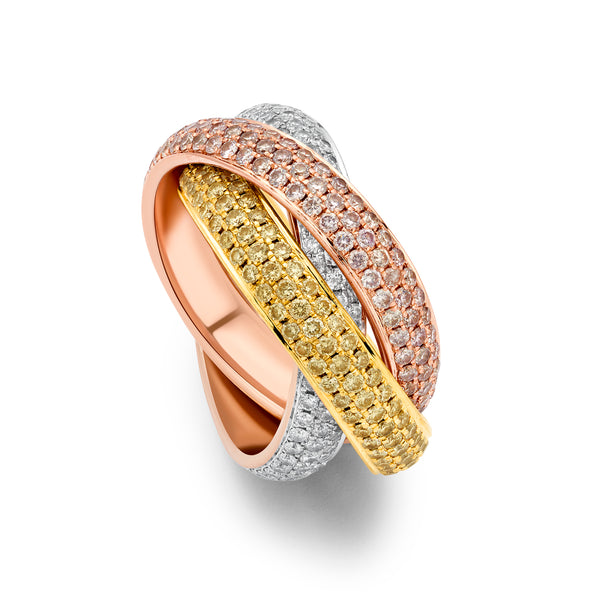 18K Tri-Color Pink Yellow And White ~4.50Ctw Diamond Pave Rolling Ring. Provident Jewelery
