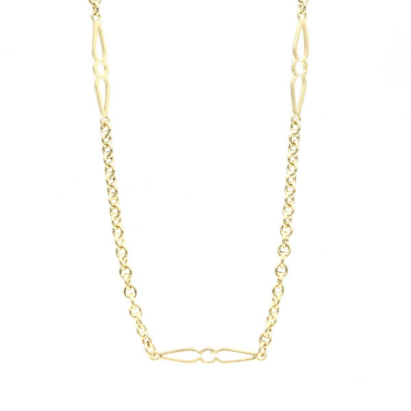 14K Yellow Gold  24" Cable And Fancy Station Link Chain