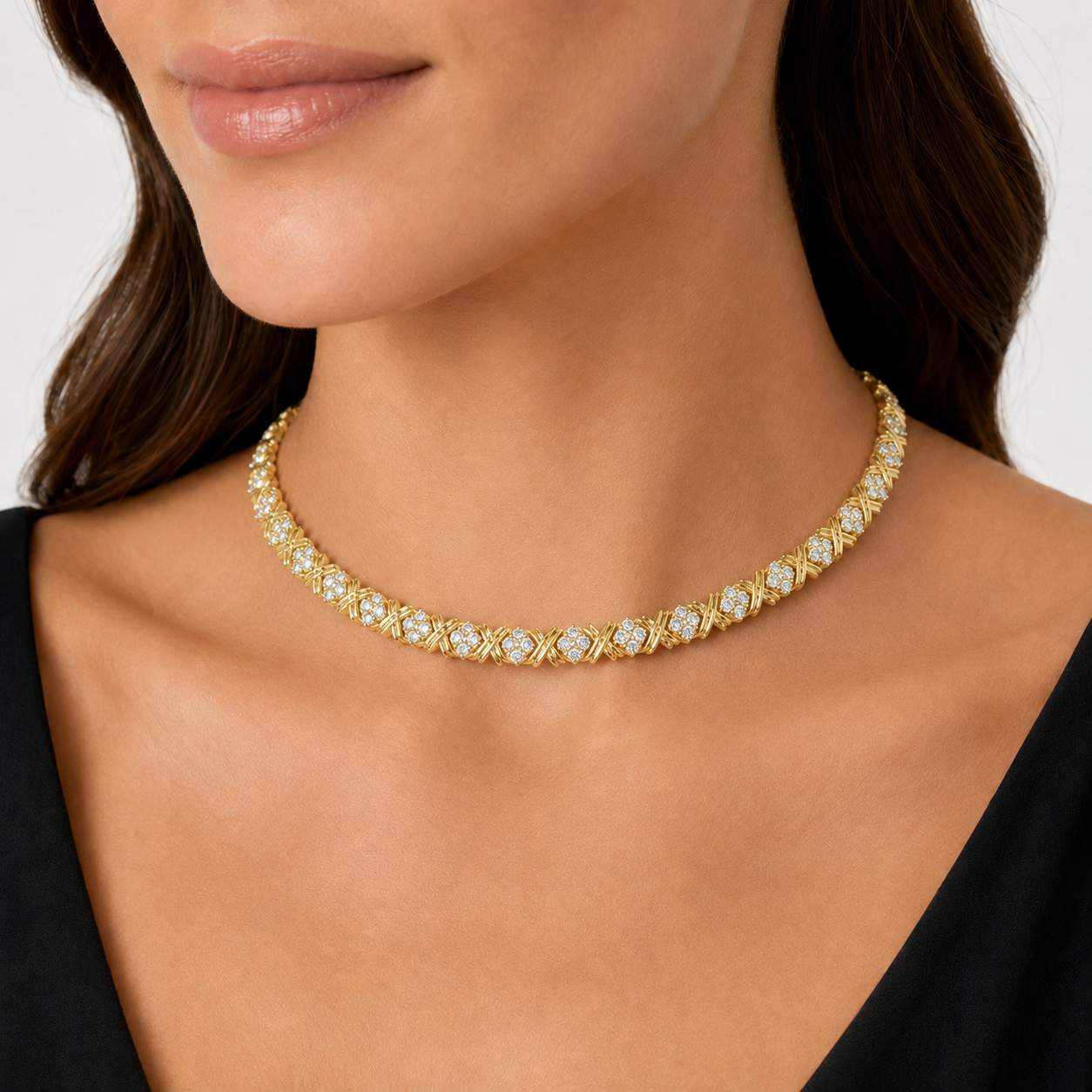 Tiffany And Co. 18K Yellow Gold ""X" Link  Diamond Choker Necklace