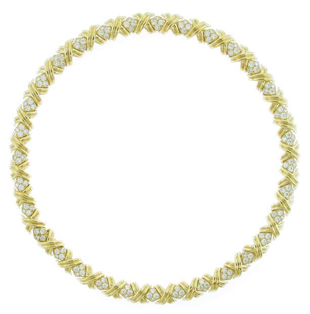 Tiffany And Co. 18K Yellow Gold ""X" Link  Diamond Choker Necklace