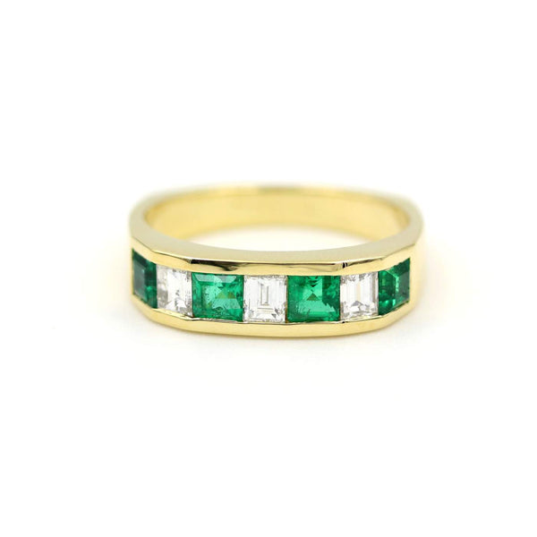 18K Yellow Gold  4 Square Emeralds Alternate With 3 Straight Baguette ~.60ctw (FG/VS) Diamond Channel Set Band Square Bottom Shank Provident Jewelery