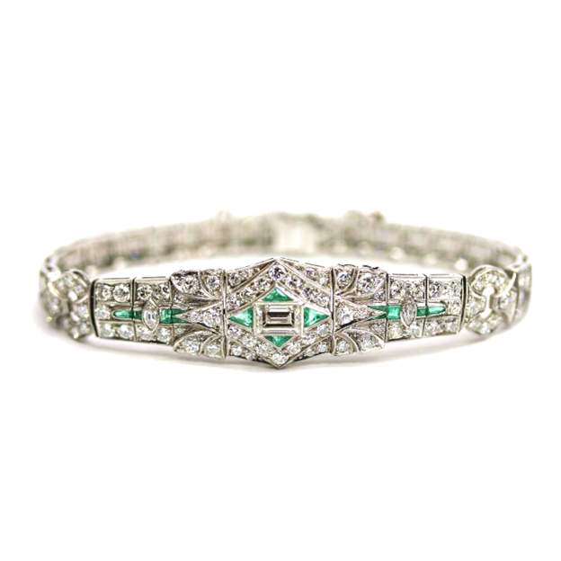 Art Deco Platinum Diamond and Emerald Bracelet