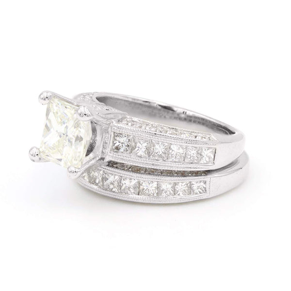 2.00ct Princess Cut ,K/SI1  GIA Grading Report #1226476097 Inscribed On Girdle  14k White Gold Engagement Set 20Princess And 82Round Diamonds =~2.15Ctw Mounting (~.89) And Band (~1.26ct) Together Provident Jewelery