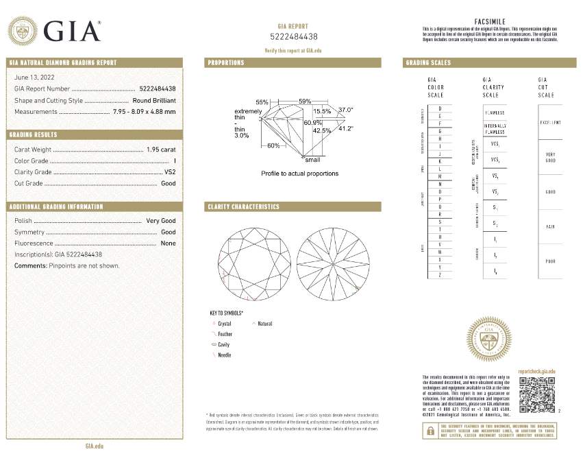 14K White Gold 1.95Ctw (I/VS2 GIA Certified) Diamond Solitaire Ring