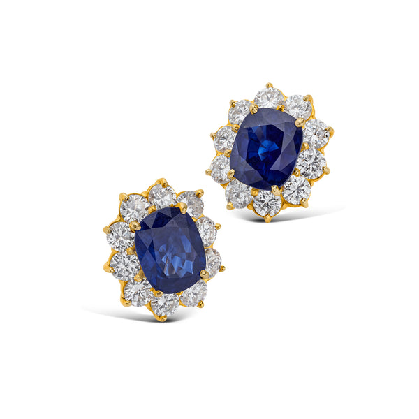 18K Yellow Gold Cushion Cut Sapphire & Diamond Halo Earrings