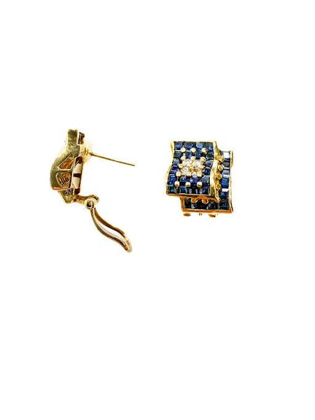 18K Yellow Gold Sapphire and Diamond Square Stud Earrings