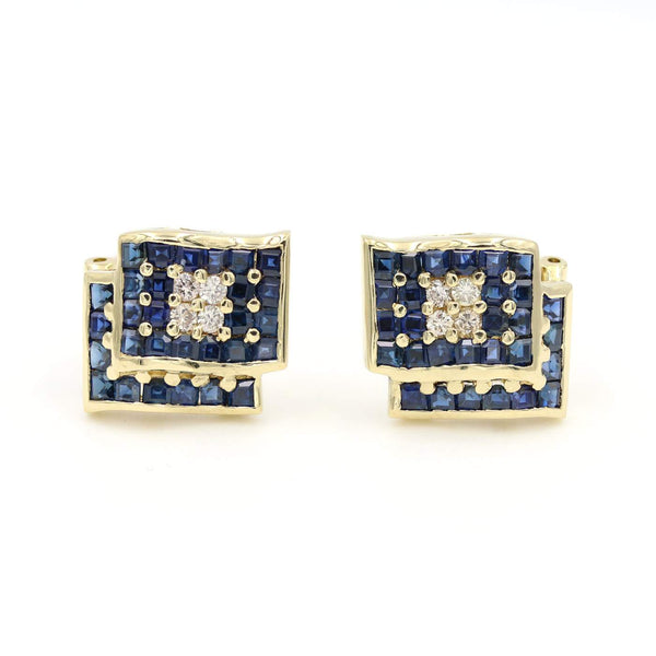 18K Yellow Gold Sapphire and Diamond Square Stud Earrings
