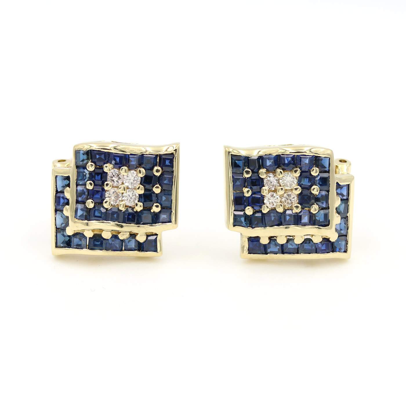 18K Yellow Gold Sapphire and Diamond Square Stud Earrings
