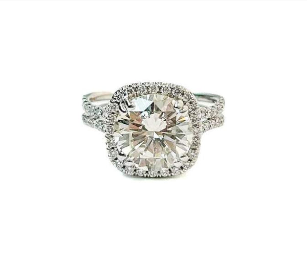 14K White Gold  3.40Ctw  (K/SI1) Round Diamond Set In A  Cushion Shaped Diamond Halo And Splits Shank ~0.62ctw Diamond Ring,