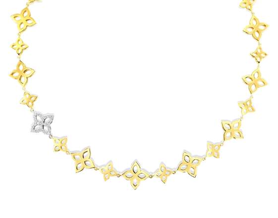 Roberto Coin 18K Yellow Gold Diamond Princess Flower 16" Necklace With ~.49ctw Diamond Accents Provident Jewelery