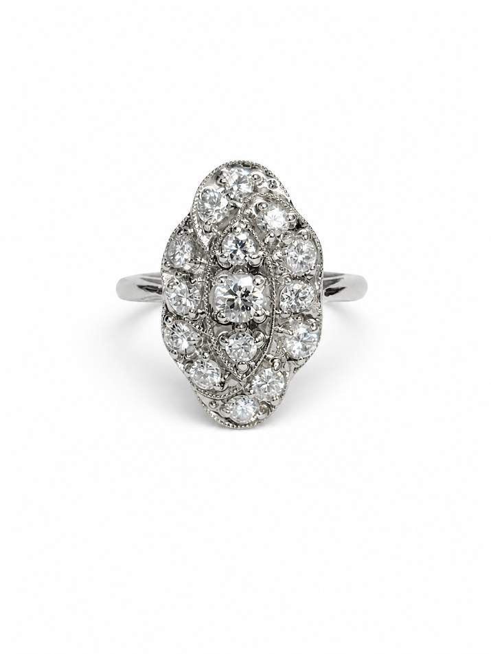 14K White Gold ~1.00ctw Diamond Cluster Milgrain Ring