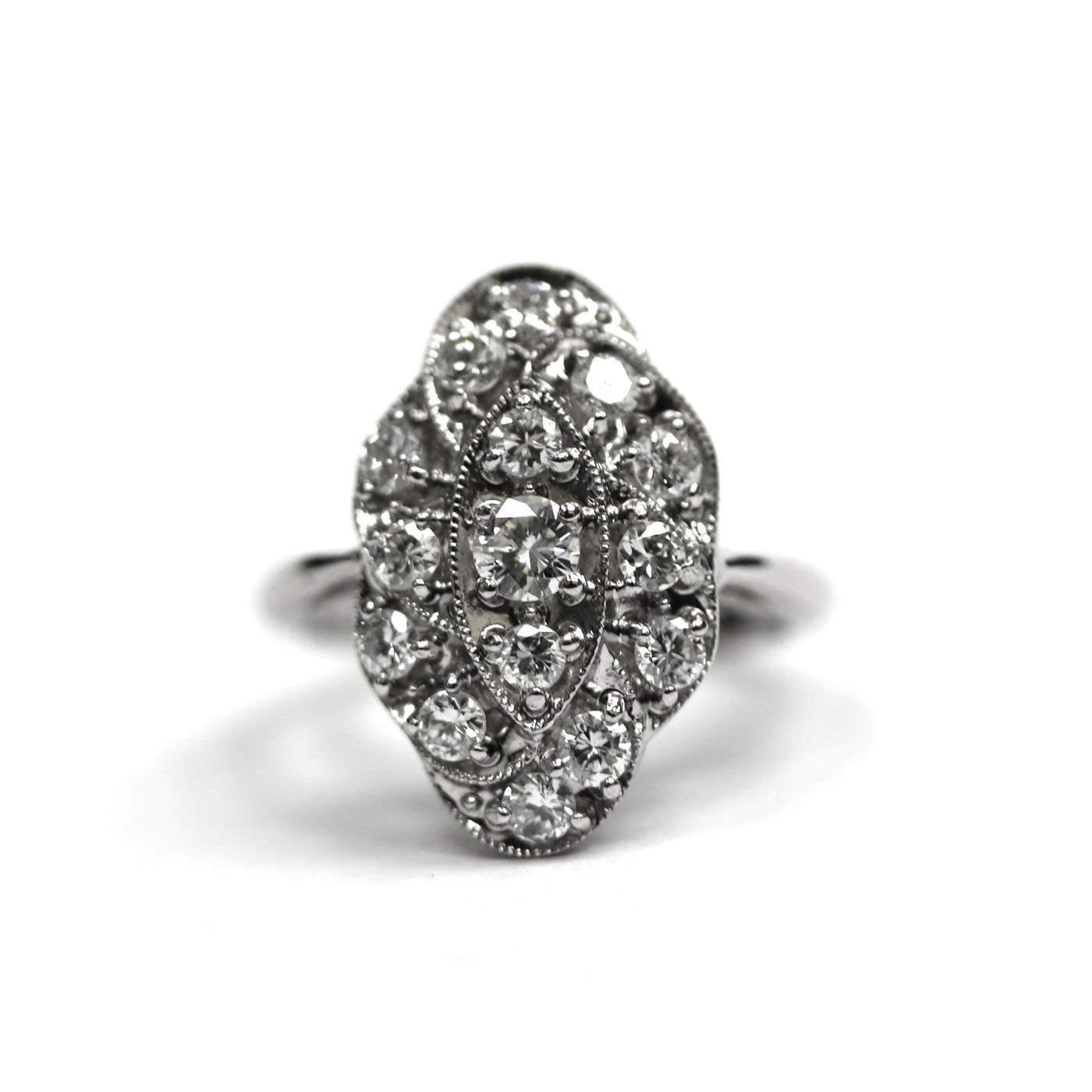 14K White Gold ~1.00ctw Diamond Cluster Milgrain Ring