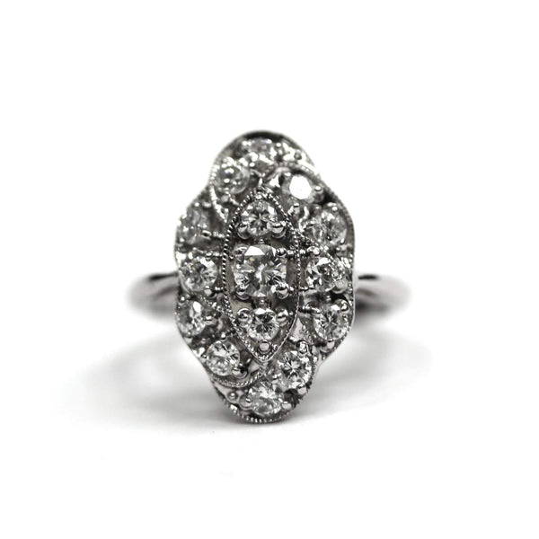 14K White Gold ~1.00ctw Diamond Cluster Milgrain Ring