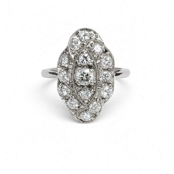14K White Gold Diamond Cluster Milgrain Ring 1.00ct