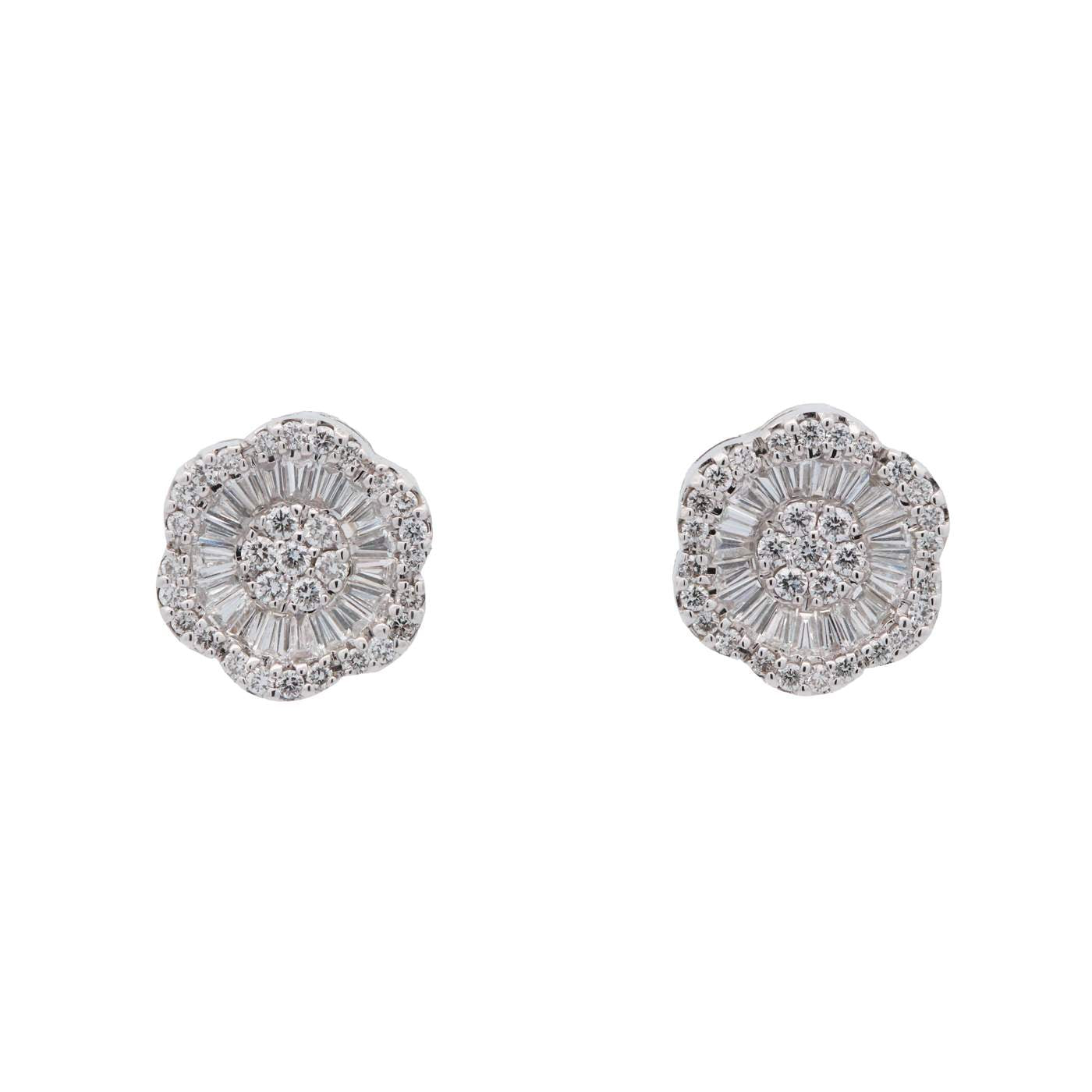 18K White Gold 40 Baguette And 64 Round Diamond Studs ~1.00 ctw