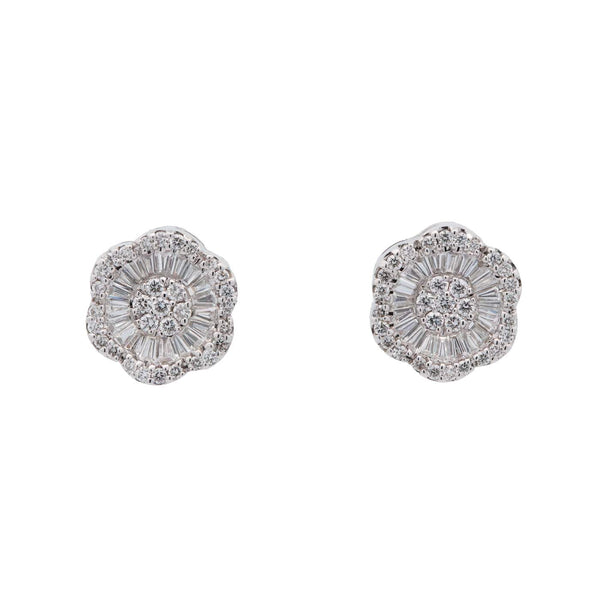 18K White Gold 40 Baguette And 64 Round Diamond Studs ~1.00 ctw