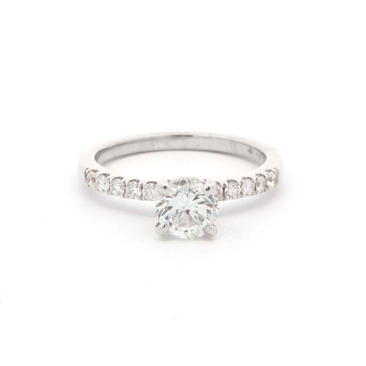 14K White Gold 1.01ct Round Diamond (I/SI2) With 10D=~0.25ctw Prong Set Ring