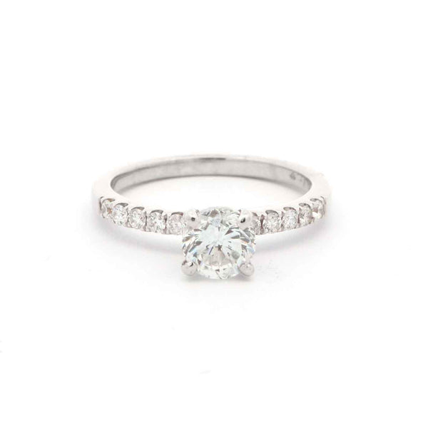 14K White Gold 1.01ct Round Diamond (I/SI2) With 10D=~0.25ctw Prong Set Ring