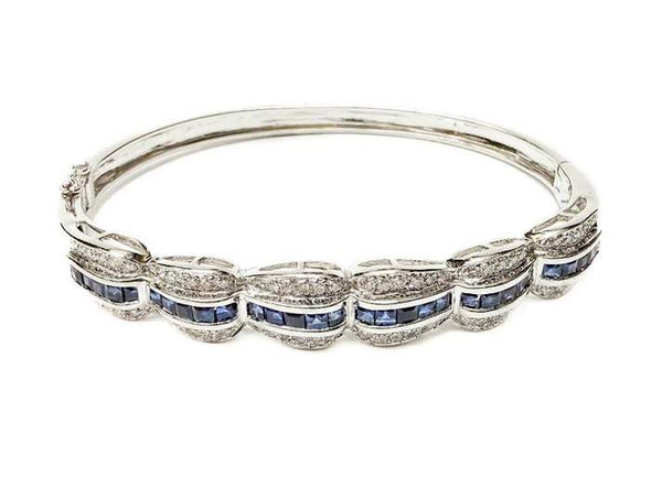14K White Gold 30 Sapphires  And ~0.72ctw Diamond Bangle Bracelet, 6 Sections