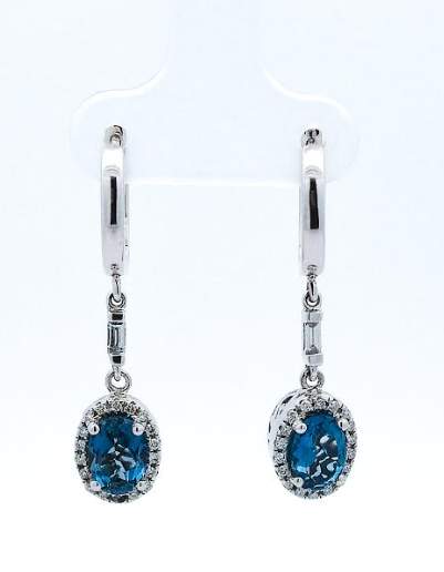 14kt White Gold Blue Topaz & Diamond Halo Dangle Earrings