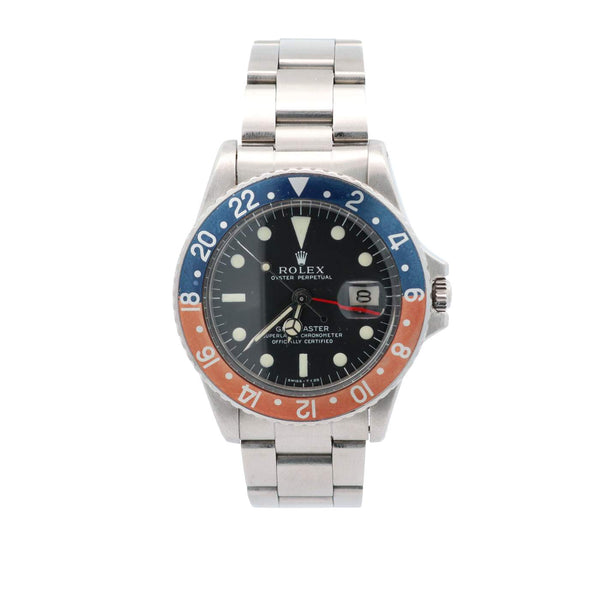Rolex Pepsi, GMT Master,Black Matte Dial, Blue Red Bezel, Oyster Bracelet,  Circa 1965 Provident Jewelery