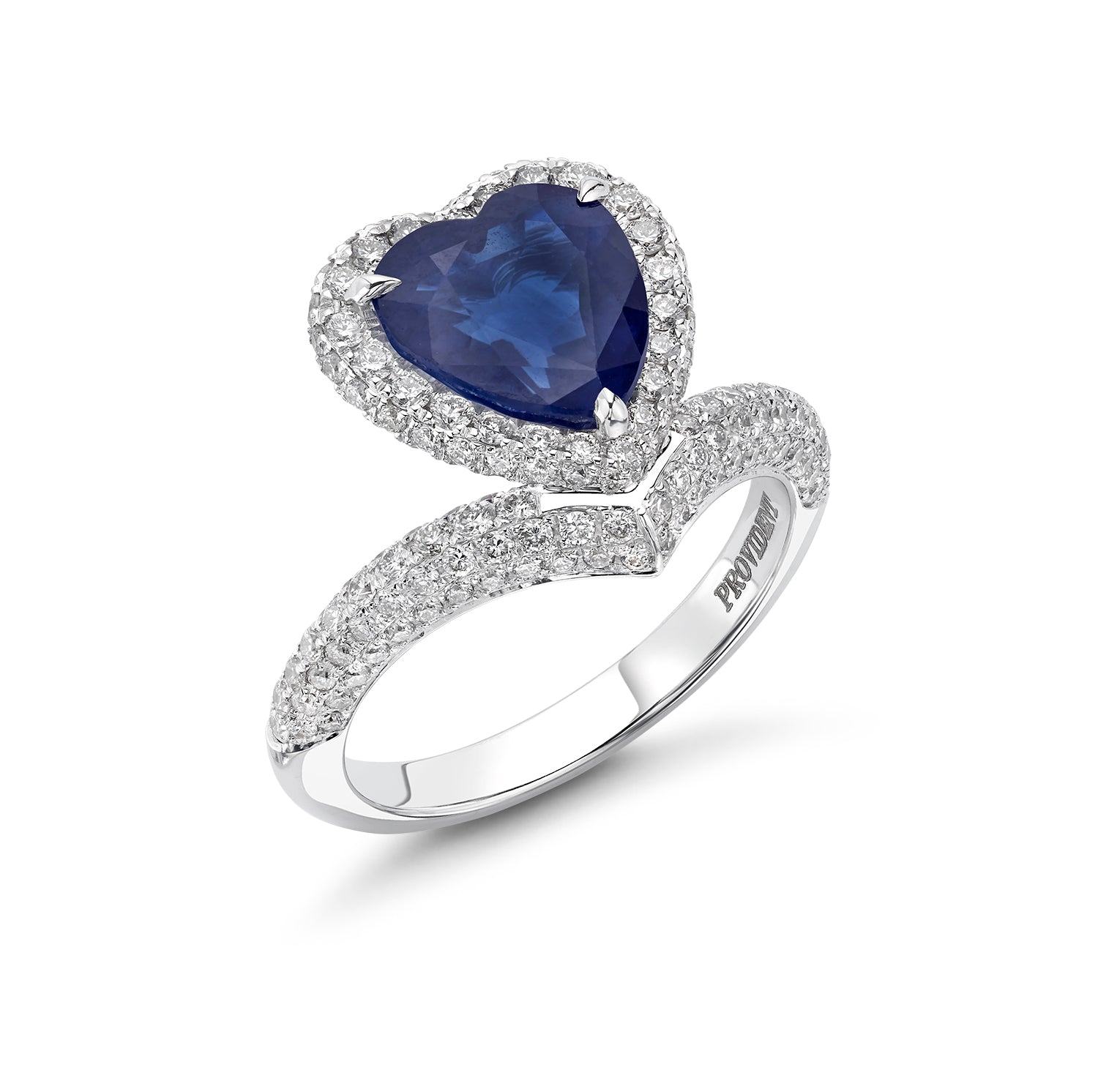 18kt White Gold Heart Shaped Sapphire & Diamond Halo Ring