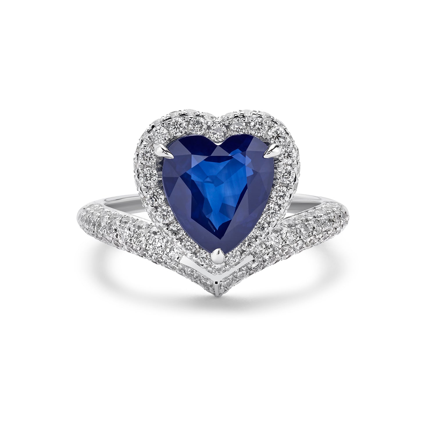 18kt White Gold Heart Shaped Sapphire & Diamond Halo Ring