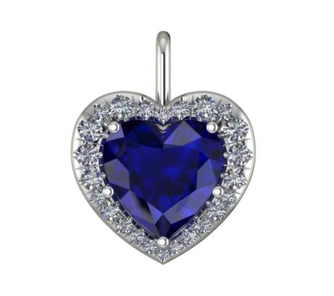 18kt White Gold Heart Shaped Sapphire & Diamond Halo Pendant