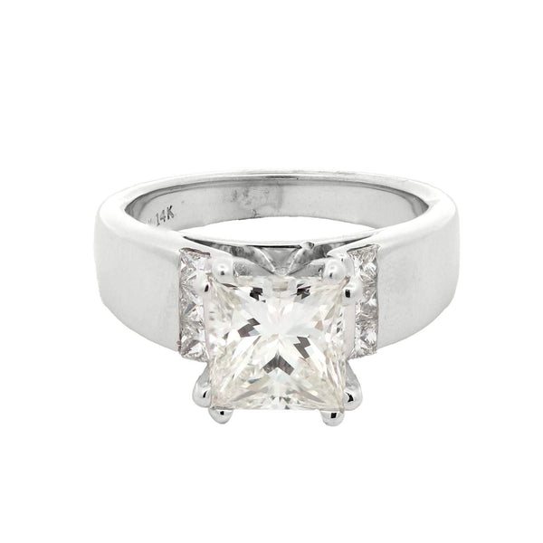 2.01CT Princess Cut,  (GIA I/SI2) , Set In 14K White Gold Cathedral Mounting With 6 Princess Diamonds ~.30Ctw
