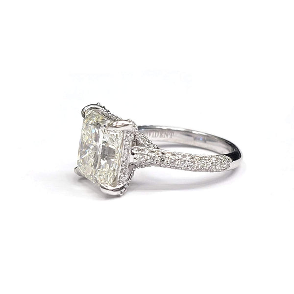 Custom Made Platinum Provident Ring Set With 5.91ct Square Radiant (GIA J/VS2 ), With Three Row Pave Shank and Prong Set Round ~0.86 Ctw Diamond Halo