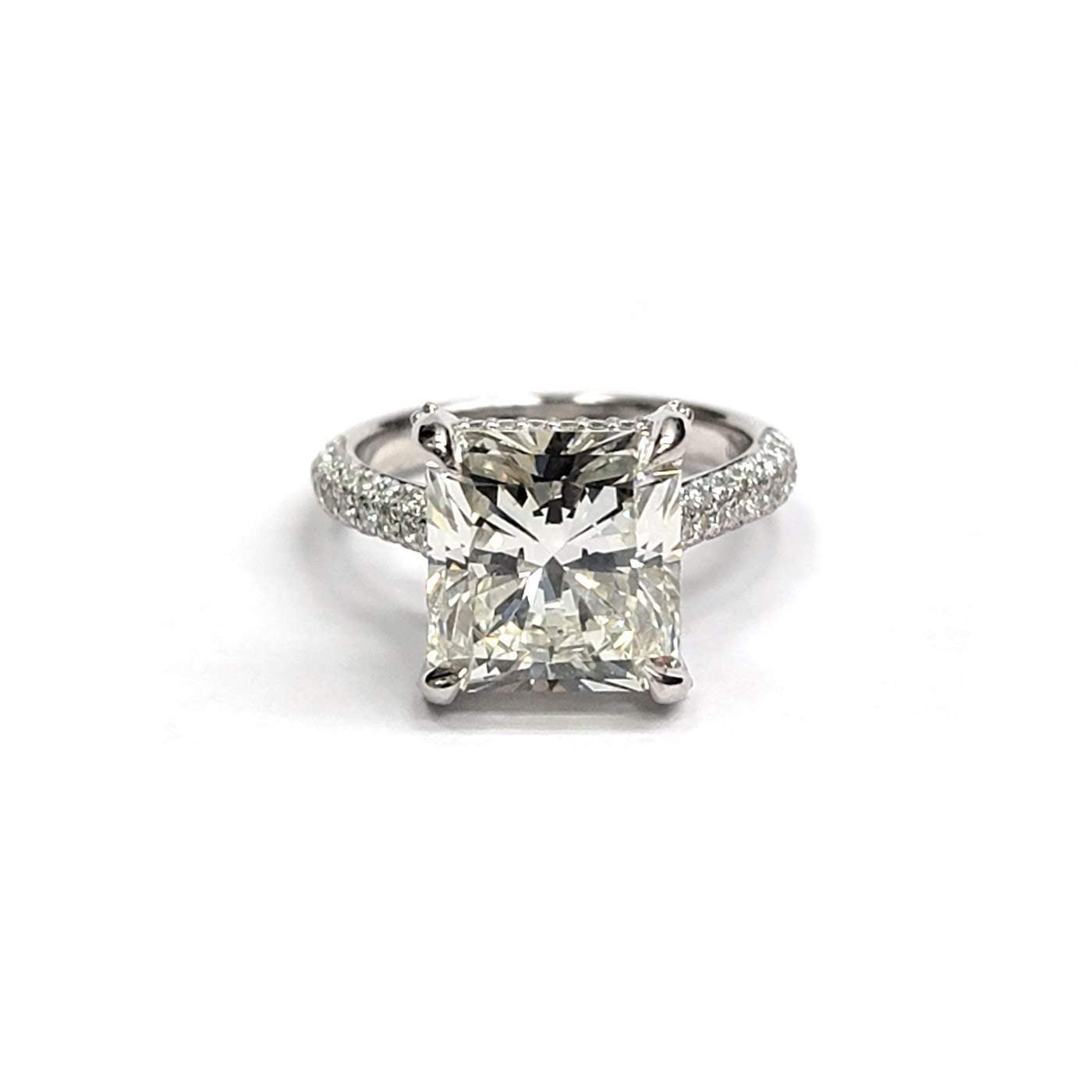 Custom Made Platinum Provident Ring Set With 5.91ct Square Radiant (GIA J/VS2 ), With Three Row Pave Shank and Prong Set Round ~0.86 Ctw Diamond Halo