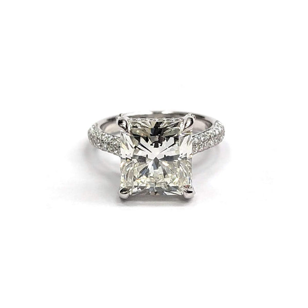 Custom Made Platinum Provident Ring Set With 5.91ct Square Radiant (GIA J/VS2 ), With Three Row Pave Shank and Prong Set Round ~0.86 Ctw Diamond Halo