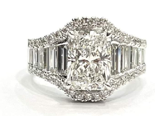 14K White gold  3.07Ctw GIA  (F/SI1) Radiant Cut Diamond Ring With Tapered Baguette Diamond Sides And Round Diamonds Weighing ~1.92Ctw Provident Jewelery
