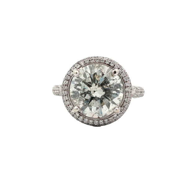 18K WG Pave Halo 6.47Ctw ( J/Imp ) Round Diamond  Engagement Ring. Mounting Diamonds=~1.32Ctw
