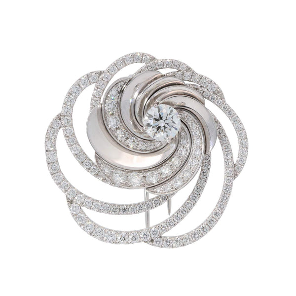 De Beers 18K White Gold Aria Gold And Diamond Swirl Pin/Pendant C19837, 1.01ct H/SI1 XXX Center GIA Grading Report , Pave diamonds =~1.00ctw (FG/VS)