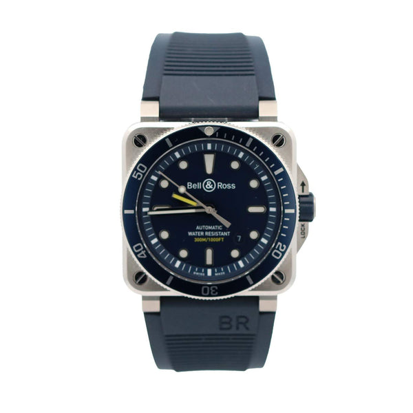 Bell & Ross Watch BR0392 Blue Diver 42mm Automatic Blue Dial Stainless Steel Case On A Blue Rubber Strap