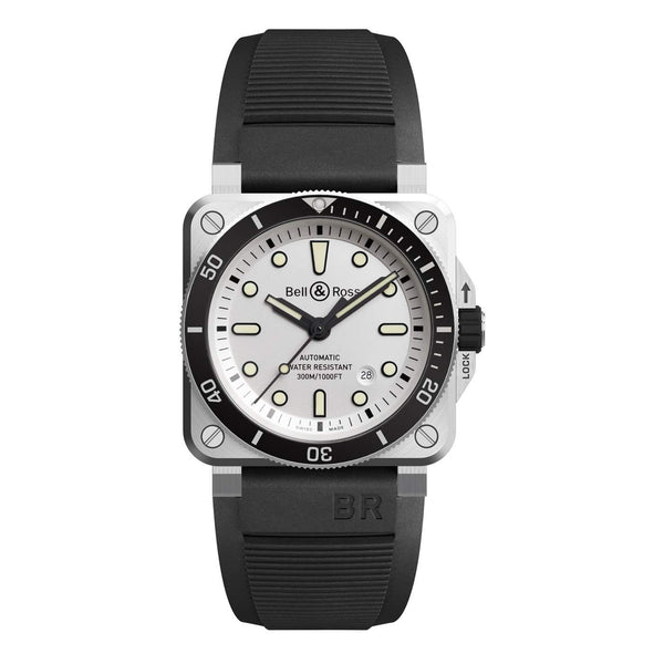 Bell & Ross Watch BR0392 Automatic White Diver 42mm  Stainless Steel Case On A Black Rubber Strap
