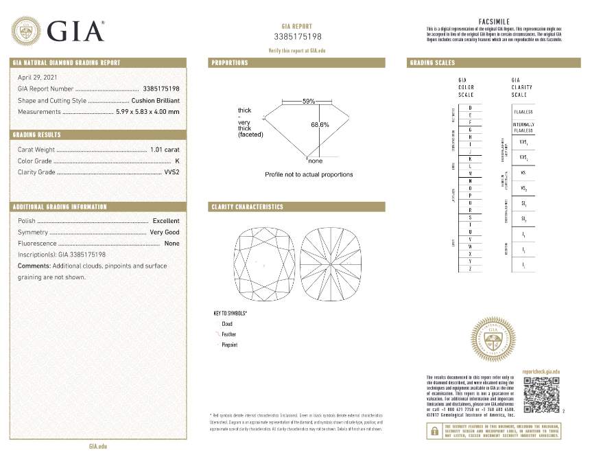 14K White Gold 1.01ct (K/VVS2 GIA) Cushion Cut Diamond Engagement Ring,48D=~.75ctw