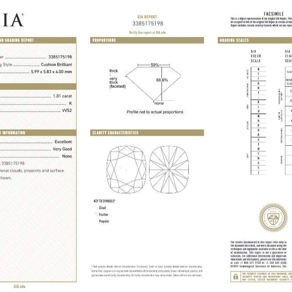 14K White Gold 1.01ct (K/VVS2 GIA) Cushion Cut Diamond Engagement Ring,48D=~.75ctw