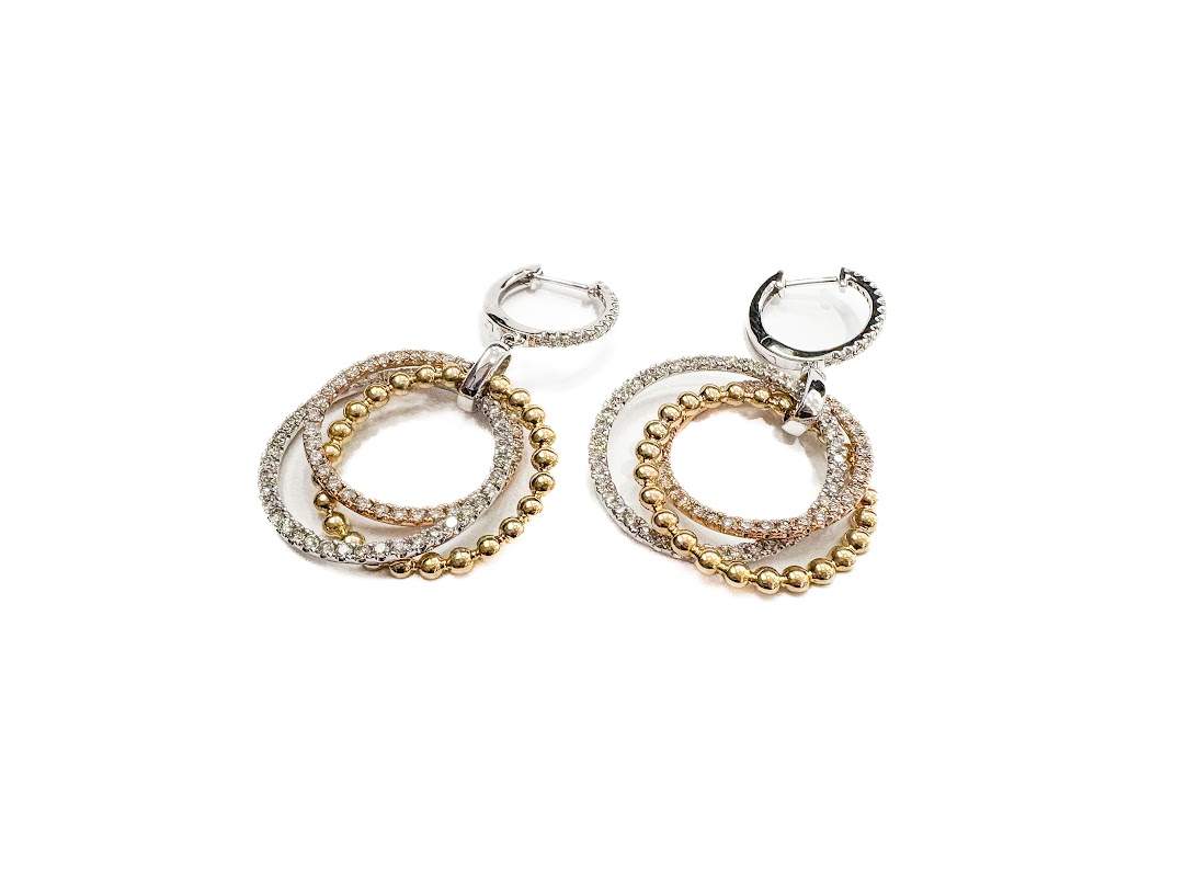 14kt Tri-Color Gold 2.83ct Diamond Triple Circle Drop Earrings