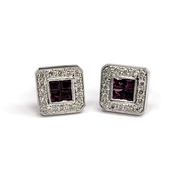 18kt White Gold Ruby & Diamond Square Stud Earrings