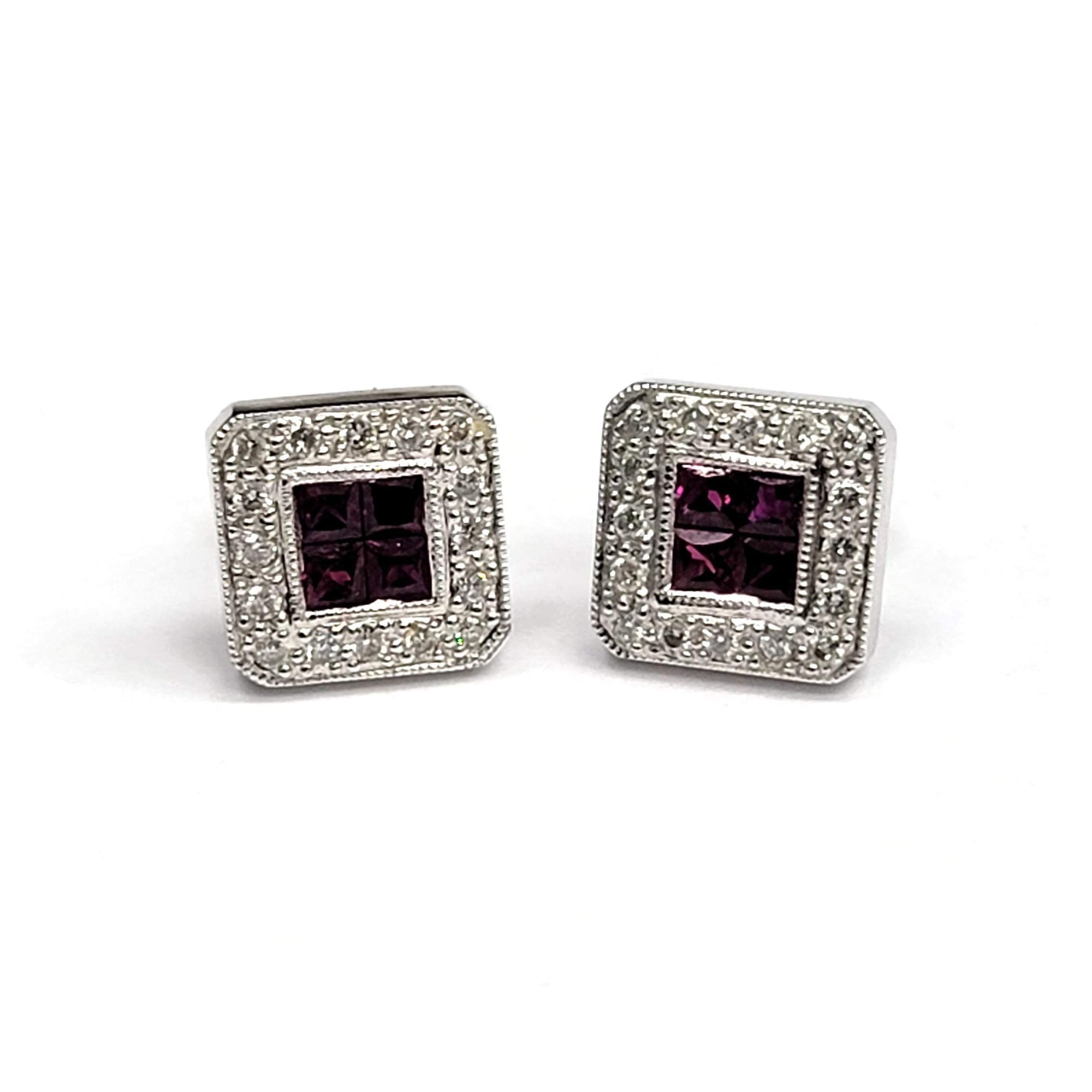 18kt White Gold Ruby & Diamond Square Stud Earrings