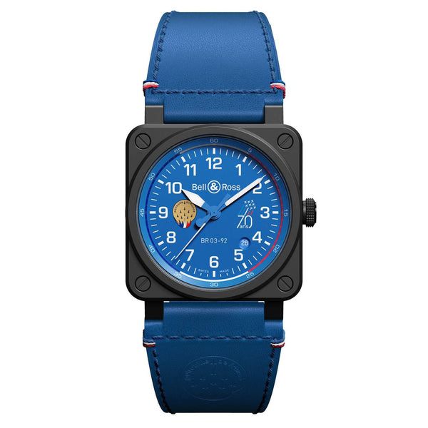 Bell & Ross BR03-92 42mm Auto Patrouille De France . 70TH Anniversary Watch Blue Dial And Black Ceramic Blue Calfskin Strap.