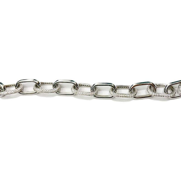 18K  White Gold Alternating Pave ~6.30Ctw Diamond and Polish Chain Link Bracelet